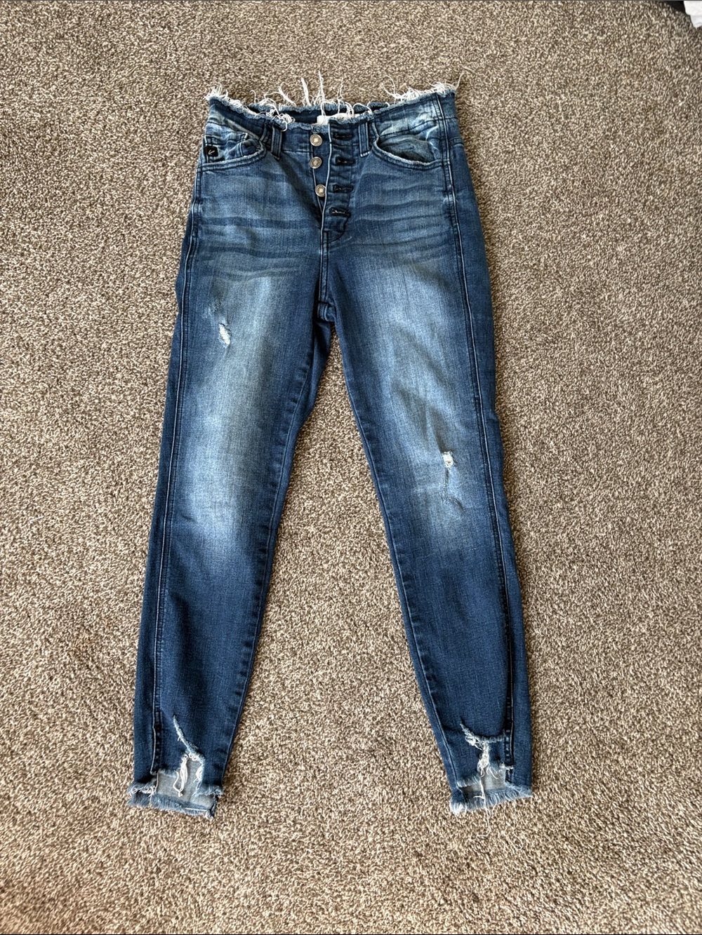 KanCan Dark Wash High-Rise Distressed Button-Fly Jeans